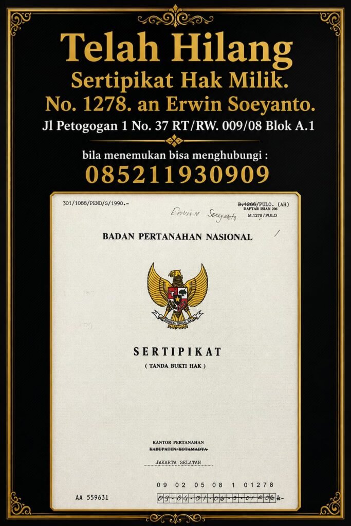 telah hilang sertifikat hak milik